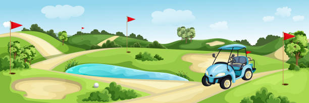 高爾夫球場與綠色, 水和沙子沙坑。夏季景觀向量卡通插畫。草坪上的高爾夫球車和旗幟 - golf course 幅插畫檔、美工圖案、卡通及圖標