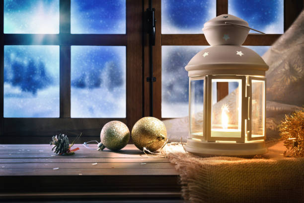 istock Lamp with Christmas decoration at home at night 1047703026