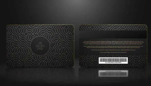 Vector illustration of Vector template of membership or loyalty black VIP card with luxury golden geometric pattern. Front and back design presentation. Premium member, gift plastic card