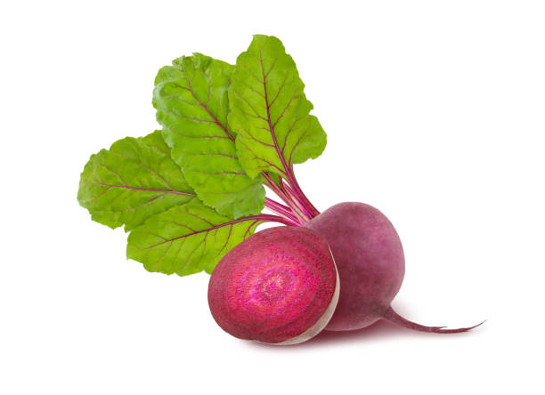 istock Beet root with green leaves and half isolated on white background 1047715914