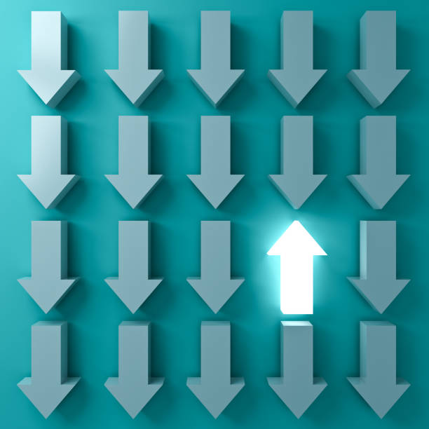 istock Stand out from the crowd and Think different concepts One light up arrow glowing  among other down arrows on dark green pastel color background with shadows 3D rendering 1047719332