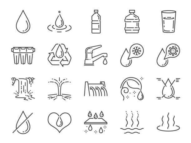 ilustrações, clipart, desenhos animados e ícones de conjunto de ícones de água. ícones incluídos como gota de água, umidade, líquido, frasco, lixo e muito mais. - pureza