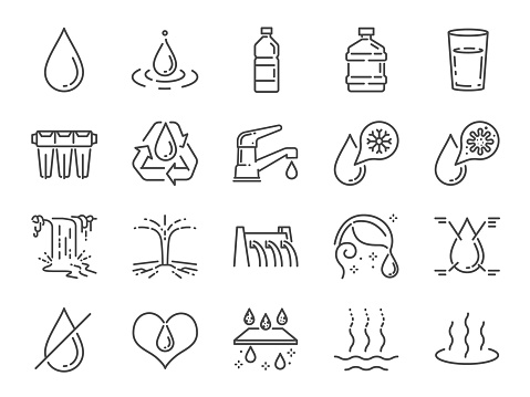 Water icon set. Included icons as water drop, moisture, liquid, bottle, litter and more.