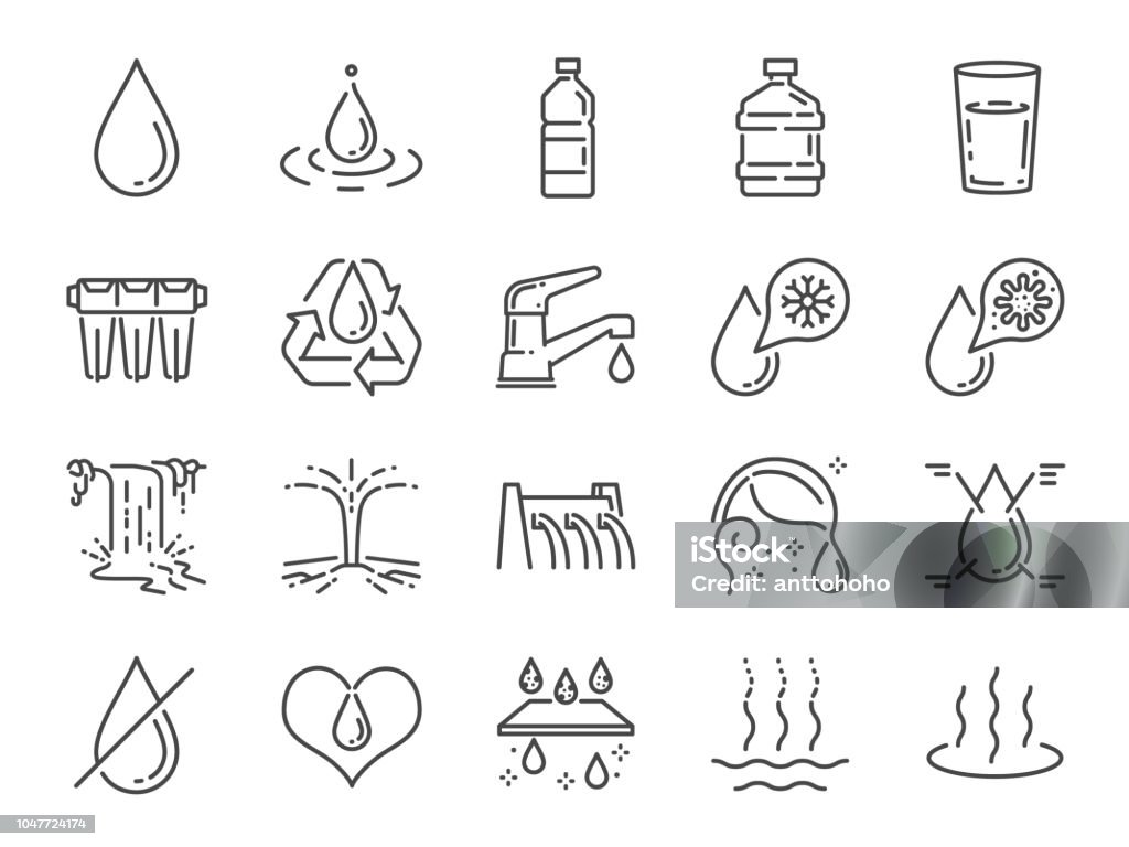 Water icon set. Included icons as water drop, moisture, liquid, bottle, litter and more. Icon stock vector