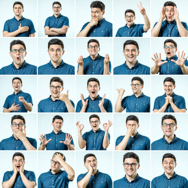 istock Set of young man's portraits with different emotions and gestures isolated 1047728520