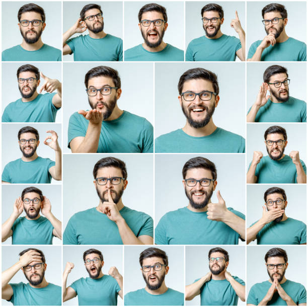 istock Set of young man's portraits with different emotions and gestures isolated 1047728528