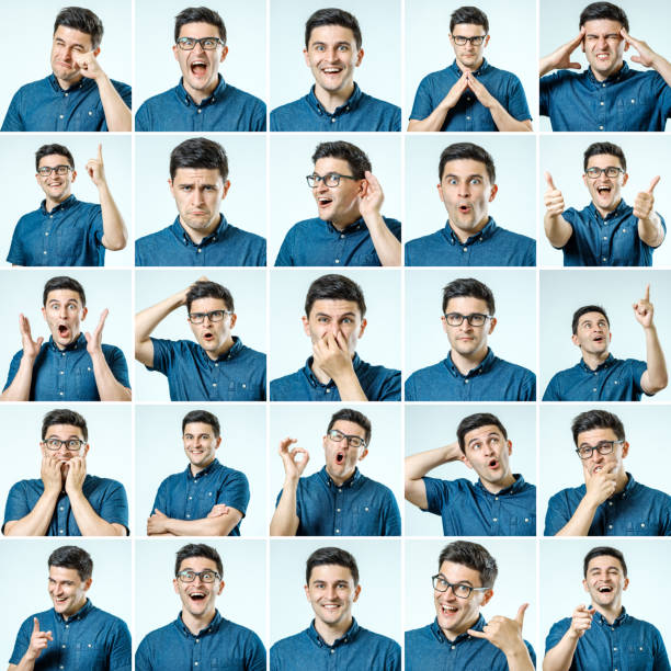 istock Set of young man's portraits with different emotions and gestures isolated 1047728558