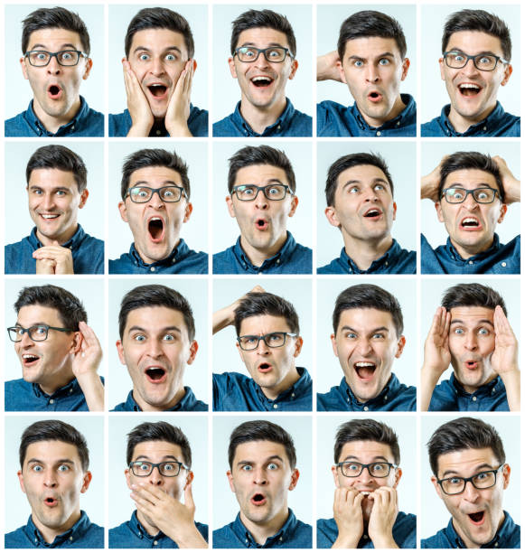 istock Surprised guy. Set of handsome excited man isolated over gray background 1047728566