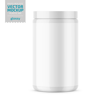 White glossy plastic jar with lid for sport powder - protein, vitamins, bcaa, tablets. Photo-realistic packaging mockup template. Vector 3d illustration.