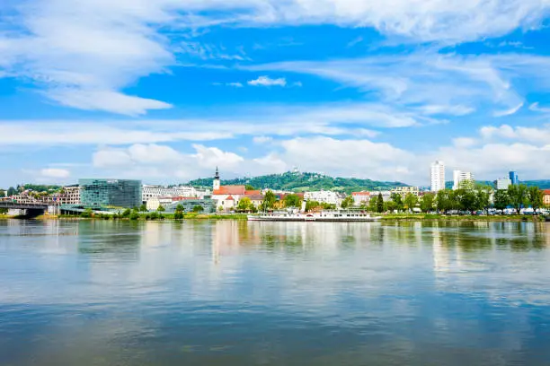 Linz city centre and Danube river in Austria. Linz is the third largest city of Austria.