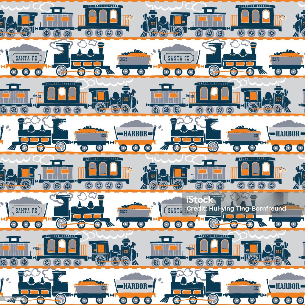 Seamless_Retro_Train_Railroad_Pattern_Silhouette_Cartoon_Navy_Orange_White_Background Seamless Vintage Train Railroad Pattern / Whte and Gray Background / Vector Illustration / Global Colors saved with Pattern Swatches Caboose stock vector