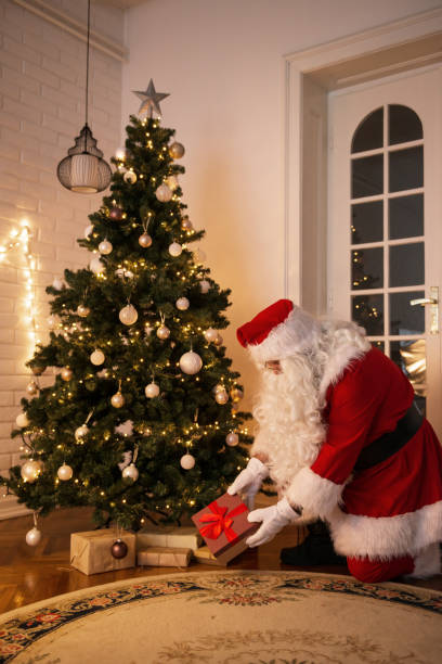 istock Santa Claus leaving a present under the Christmas tree on Christmas evening 1047749554