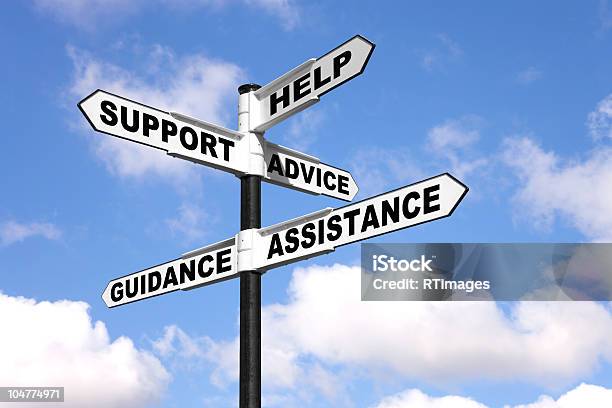 Help And Support Signpost Stock Photo - Download Image Now - Support, Assistance, Help - Single Word