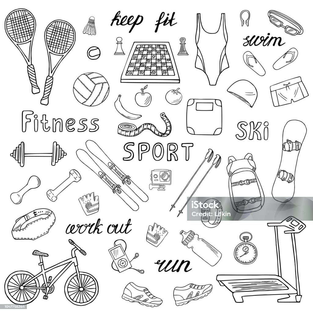 Sport und Fitness Vektor-handgemalte Ikonen - Lizenzfrei Gekritzel - Zeichnung Vektorgrafik