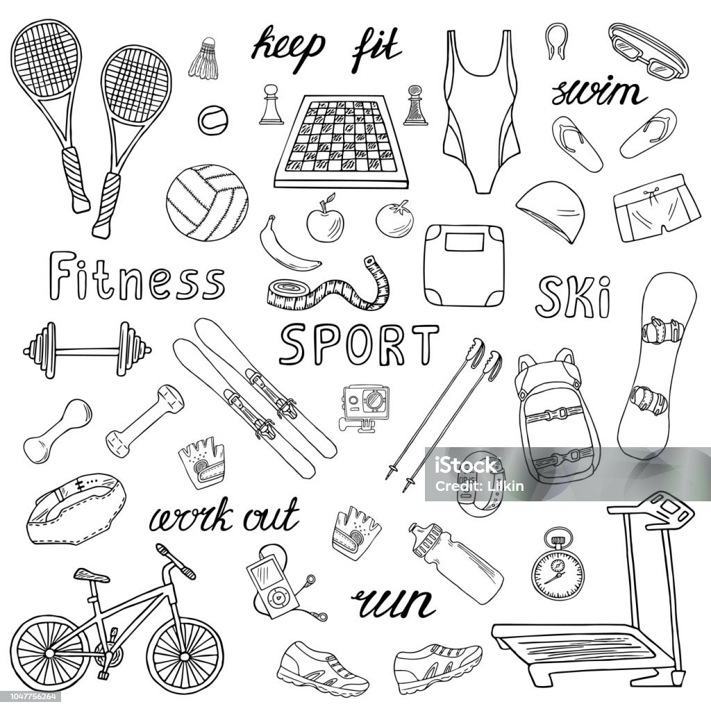 Sport and fitness vector hand-drawn icons Set of sport and fitness hand-drawn icons isolated on white background. Doodle accessories and equipment for running, skiing, swimming, weightlifting etc.. Black and white sketched vector illustration Doodle stock vector