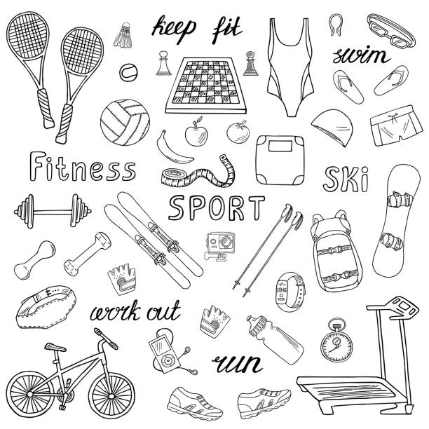 Sport and fitness vector hand-drawn icons Set of sport and fitness hand-drawn icons isolated on white background. Doodle accessories and equipment for running, skiing, swimming, weightlifting etc.. Black and white sketched vector illustration swimming drawings stock illustrations