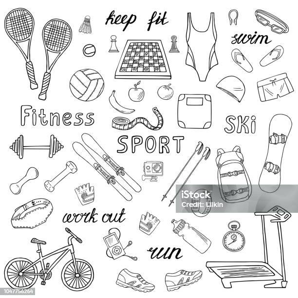 Sport And Fitness Vector Handdrawn Icons Stock Illustration - Download Image Now - Doodle, Sport, Swimming