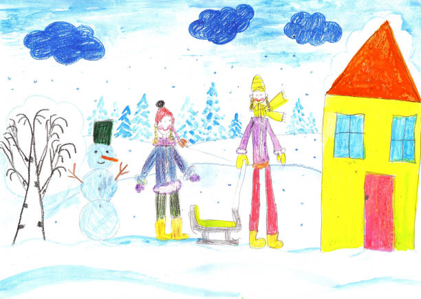 дети играют, катаются на лыжах и санках. сделай снеговика. рисование ребенка. - paintings child house childhood stock illustrations