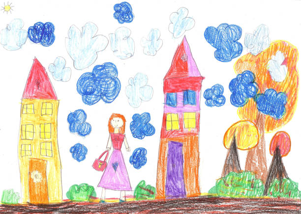 幸せな女の子の子供の絵 - childs drawing child preschool crayon点のイラスト素材／クリップアート素材／マンガ素材／アイコン素材