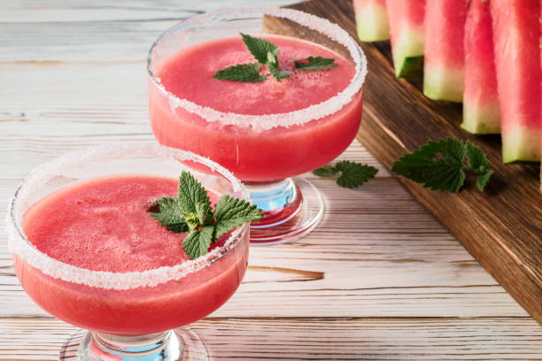 istock Drink smoothies from red watermelon in glass dishes 1047765080