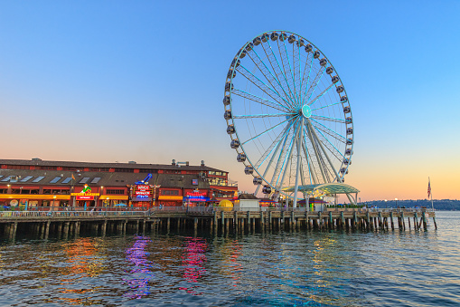 SEATTLE, WA, USA - JULY 24:  Seattle Great Wheel and Pier 57 on July 24, 2018 in Seattle, Washington.