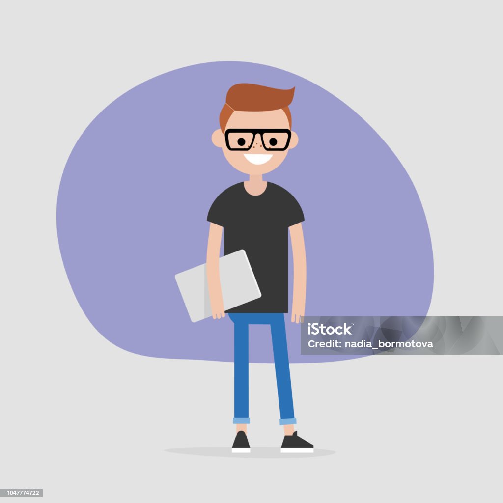 Young male character holding a laptop. Modern office worker. Millennial. Lifestyle. FLat editable vector illustration, clip art Nerd stock vector