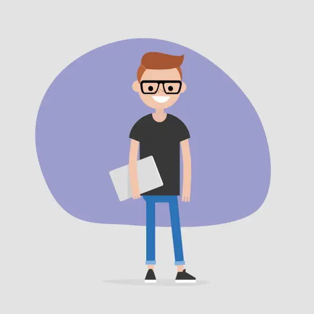 Vector illustration of Young male character holding a laptop. Modern office worker. Millennial. Lifestyle. FLat editable vector illustration, clip art