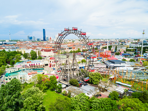 VIENNA, AUSTRIA - MAY 13, 2017: The Wurstelprater or Wurstel Prater aerial panoramic view. Wurstelprater is an amusement park and section of the Wiener Prater in Vienna, Austria.