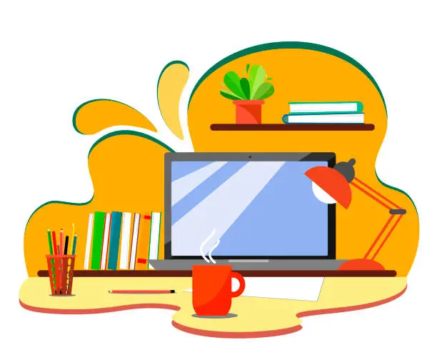 Vector illustration of Workplace on an abstract background with books, laptop, pencils and a hot mug of tea or coffee. Flat style illustration.