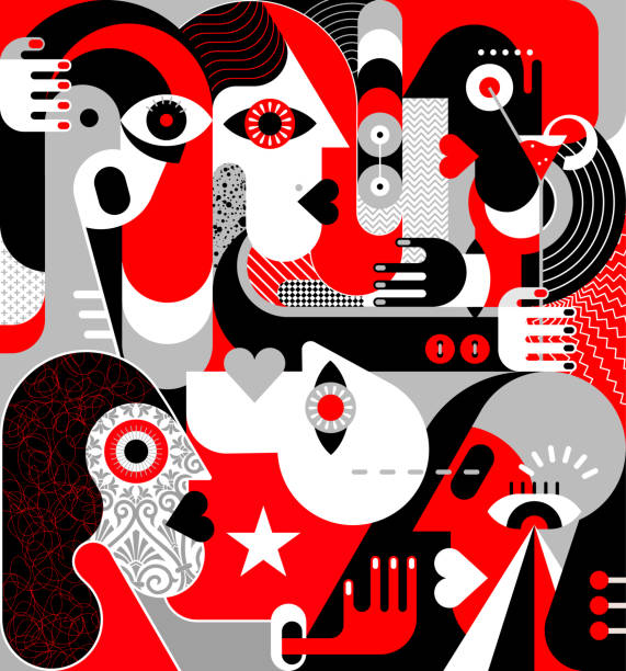Group of People vector illustration Large group of people vector illustration. Modern abstract fine art painting. Red, black, grey and white. shaved black women stock illustrations