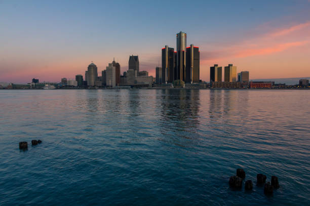istock Detroit skyline from Windsor riverfront at dawn 1047784696