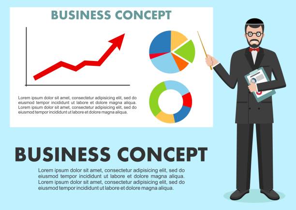 business-konzept. jüdische unternehmer in der nähe von whiteboard und deutete auf das diagramm von finance analytics. graph mit trendlinie aufsteigen und münzen mit zeichen des dollars im flachen stil isoliert. vektor-illustration - graph arrow sign chart single line stock-grafiken, -clipart, -cartoons und -symbole