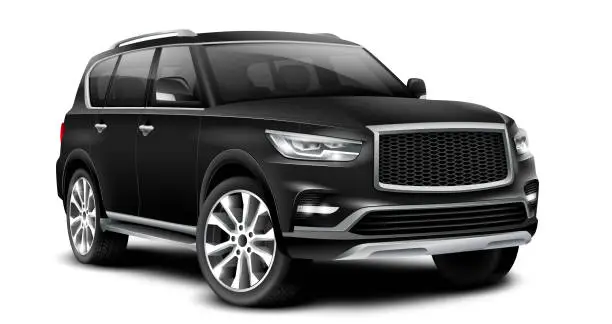 Black Generic SUV Car. Off Road Crossover With Glossy Surface On White Background Perspective View With Isolated Path