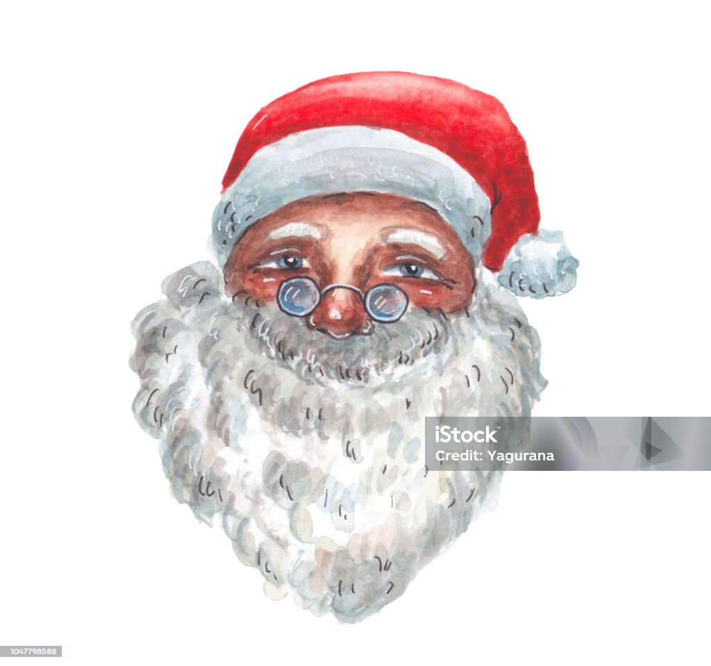 Good and wise Santa Claus Watercolor portrait of good and wise Santa Claus with glasses Beard stock illustration