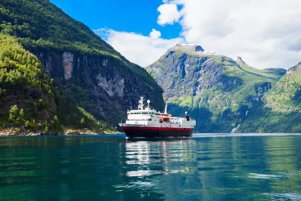 Tourist boat at the Geirangerfjord near the Geiranger village, Norway