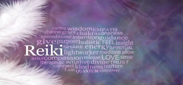two white feathers with a REIKI word cloud between against a wispy purple pattern background