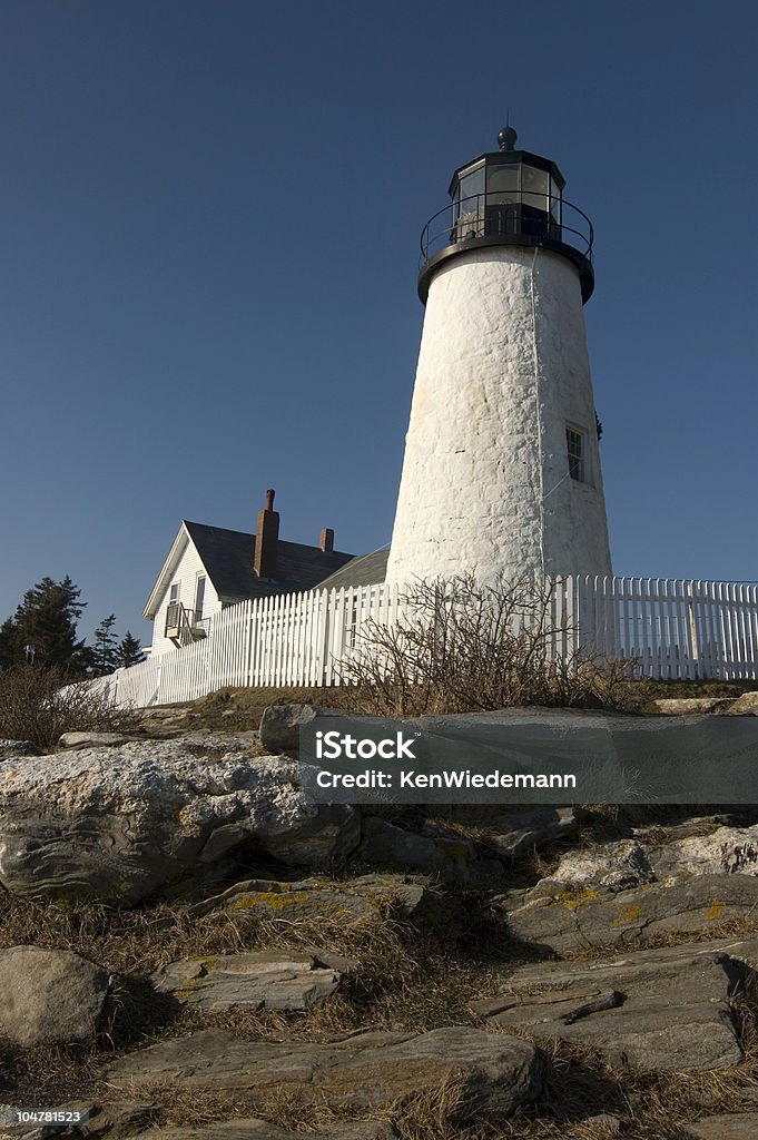 Pemaquid Tower The stone tower of the Pemaquid Point Lighthouse on the Maine Coast Blue Stock Photo