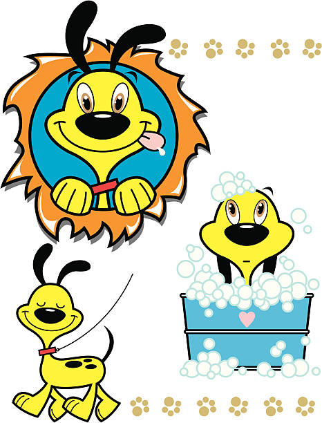 illustrations, cliparts, dessins animés et icônes de adorable chiot caractère série jaune - soaking tub