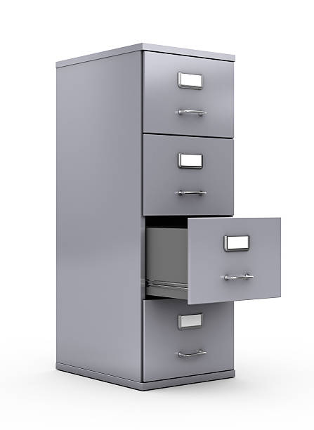 Silver filing cabinet with second from bottom drawer open Filing cabinet isolated on white background filing cabinet stock pictures, royalty-free photos & images