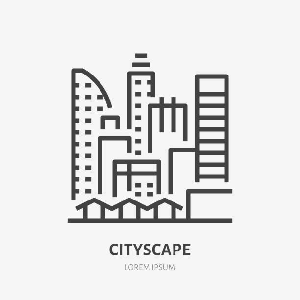 City line flat linear icon. Vector sign of urban cityscape, downtown buildings, skyscrapers outline logo City line flat linear icon. Vector sign of urban cityscape, downtown buildings, skyscrapers outline logo. singapore flats stock illustrations