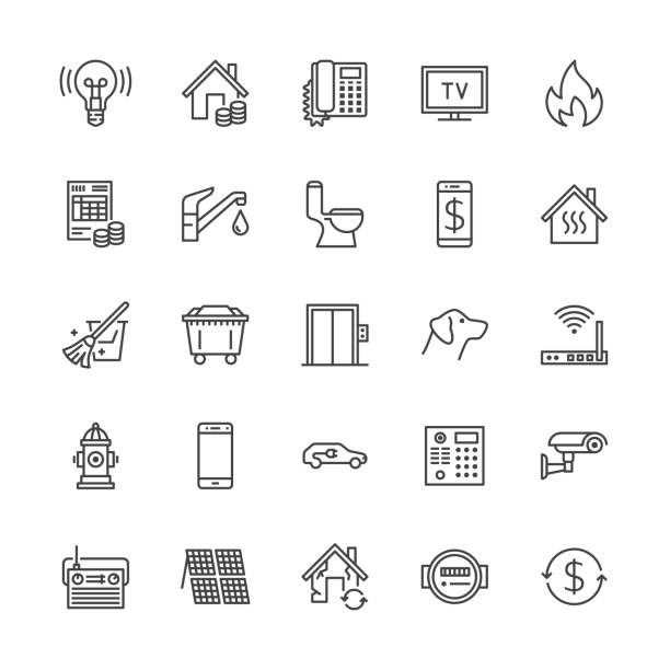 ilustrações de stock, clip art, desenhos animados e ícones de public utilities flat line icons. rent receipt, electricity water, gas, house heating, cctv, overhaul, garbage vector illustrations. thin signs utility invoice. pixel perfect 64x64 editable strokes - faucet water pipe water symbol