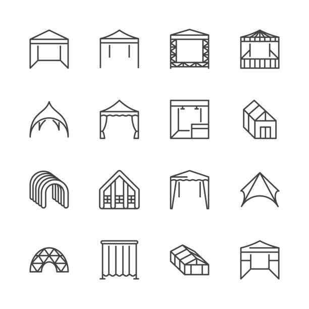 ilustraciones, imágenes clip art, dibujos animados e iconos de stock de iconos de línea plana de la tienda. pabellón de eventos, feria del toldo, carpa de boda al aire libre, ilustraciones de vectores de pabellón. signos finas de cabina de la parte móvil. pixel perfecto 64 x 64. movimientos editables - carpas eventos