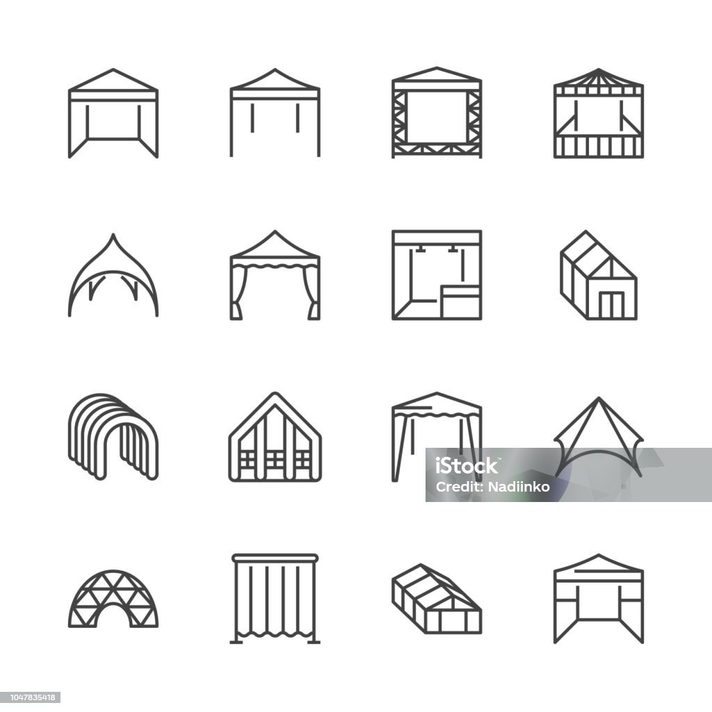Tent flat line icons. Event pavilion, trade show awning, outdoor wedding marquee, canopy vector illustrations. Thin signs of mobile party booth. Pixel perfect 64x64. Editable Strokes Tent flat line icons. Event pavilion, trade show awning, outdoor wedding marquee, canopy vector illustrations. Thin signs of mobile party booth. Pixel perfect 64x64. Editable Strokes. Icon Symbol stock vector