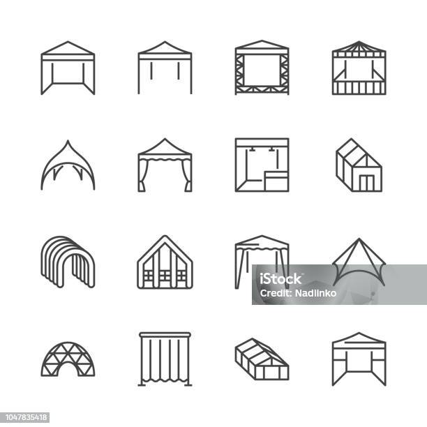 Tent Flat Line Icons Event Pavilion Trade Show Awning Outdoor Wedding Marquee Canopy Vector Illustrations Thin Signs Of Mobile Party Booth Pixel Perfect 64x64 Editable Strokes Stock Illustration - Download Image Now