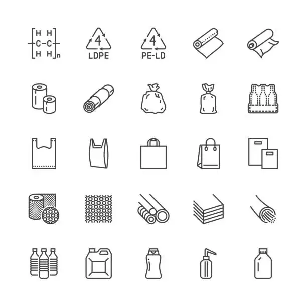 Vector illustration of Low density polyethylene flat line icons. LDPE products - food package film, thermoresistant paper, garbage bag, plastic bottle, bubble wrap vector illustrations. Pixel perfect 64x64 Editable Strokes