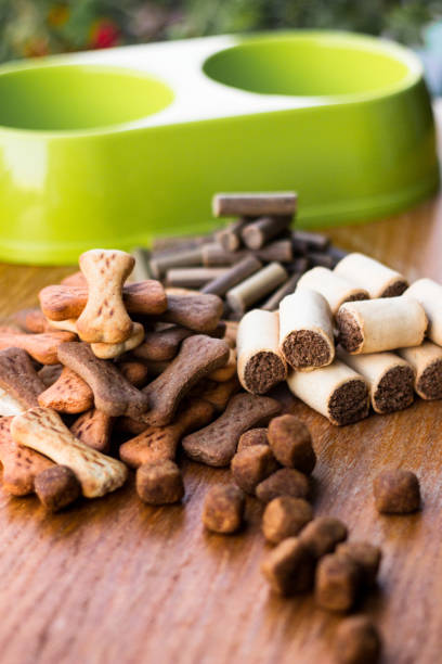 istock Dog tasty colored biscuits on wooden background, bowl 1047840706