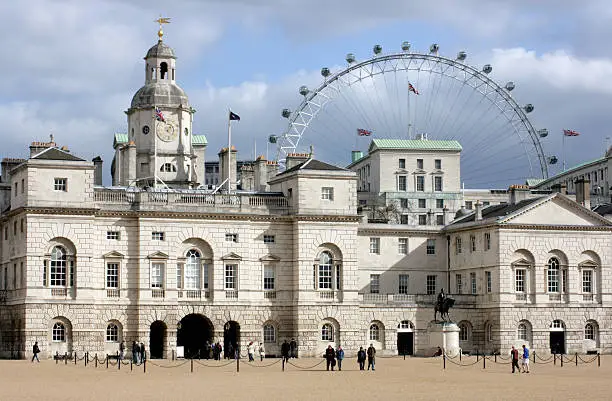 Horse Guards Parade, St.James London with the Millennium Wheel visible in the background.