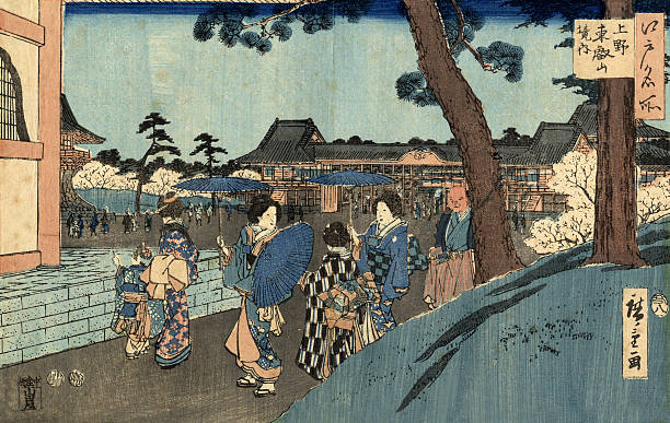 illustrations, cliparts, dessins animés et icônes de scène de rue bois japonais imprimé par hiroshige - parasol pine