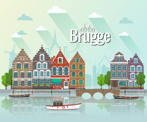 ブルージュのベクター イラストです。古いヨーロッパの都市。 - belgium bruges windmill europe点のイラスト素材／クリップアート素材／マンガ素材／アイコン素材