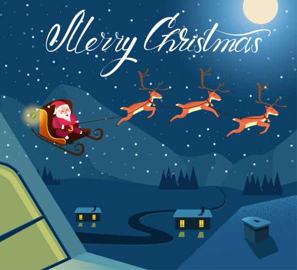 istock Merry Christmas card with Santa Claus and winter landscape. 1047860242